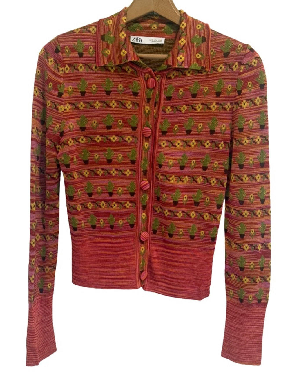 Zara Arizona Saguaro Cactus Floral Jacquard Knit Cardigan Small